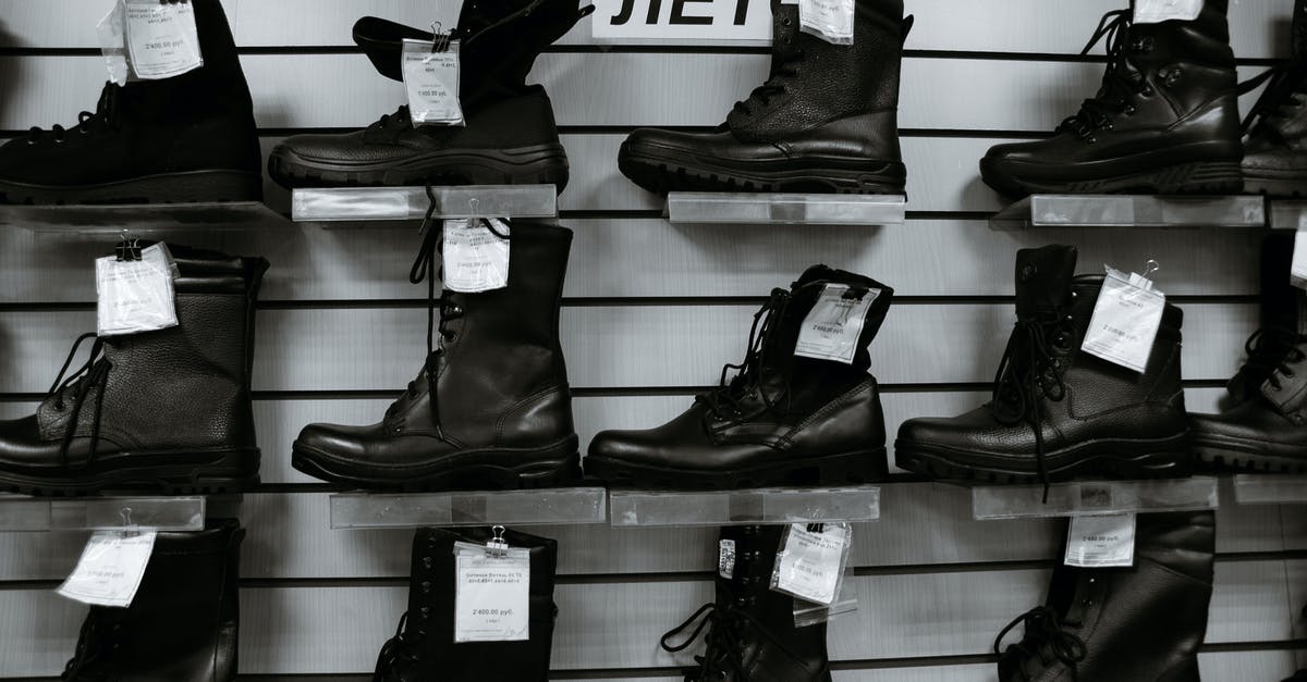 Florence - Do those "Authorised seller" signs at the stores selling leather goods mean anything? - Black and white high leather boots with laces placed on shelves in shop