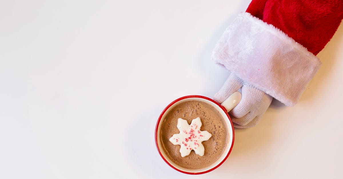 Food Across CA-US Border [duplicate] - Mug of Chocolate Drink With Snowflake-Shaped Cookie On Top Held By A Person In Santa Suit