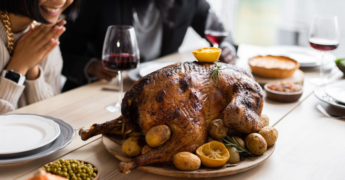 Food imports and exports from Turkey - Cheerful multiethnic couple sitting at table with roasted turkey