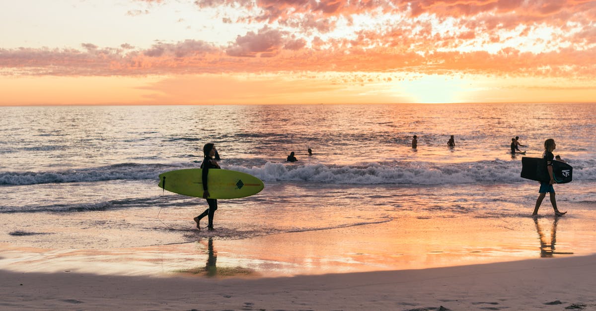 Forearm walking crutch and air travel - Anonymous surfers walking on sea shore at shiny sunset