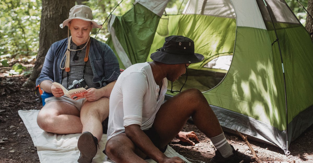 Free camping in Uk, Belgium, Netherlands - is it legal? - Positive male traveler with retro camera reading interesting book while faceless African American friend sitting near green tent with dry firewood