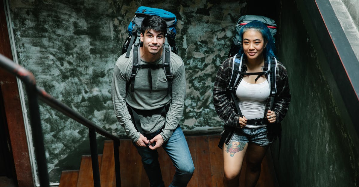 Free extra baggage with trans-Atlantic flights with KLM? - Multiethnic couple of travelers with backpacks