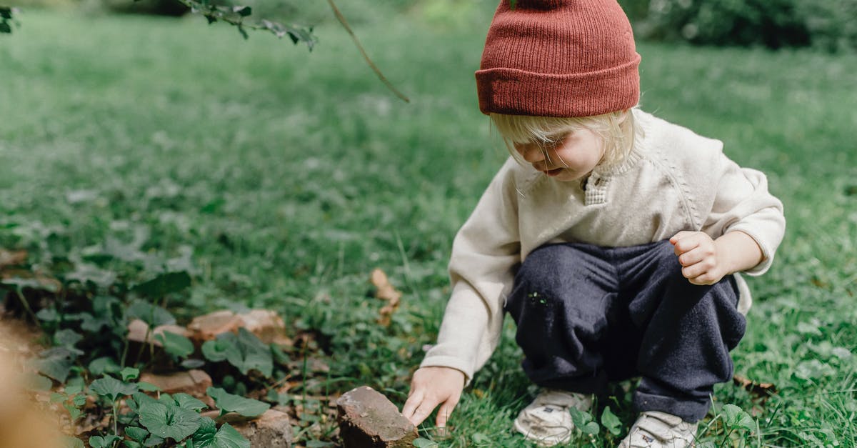 Free street parking in Montreal - Interested little boy exploring stone