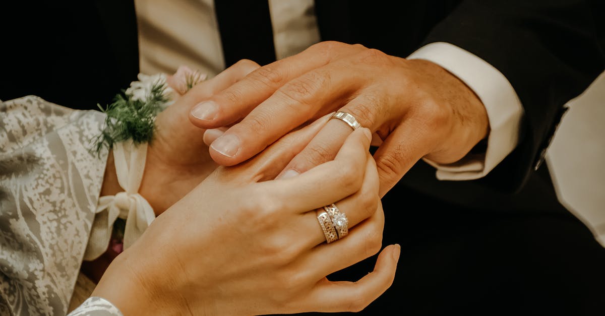 French spouse visa when full name changed after marriage - Crop anonymous bride wearing elegant white dress and jewelry golden diamond ring putting on ring on finger of groom on wedding ceremony