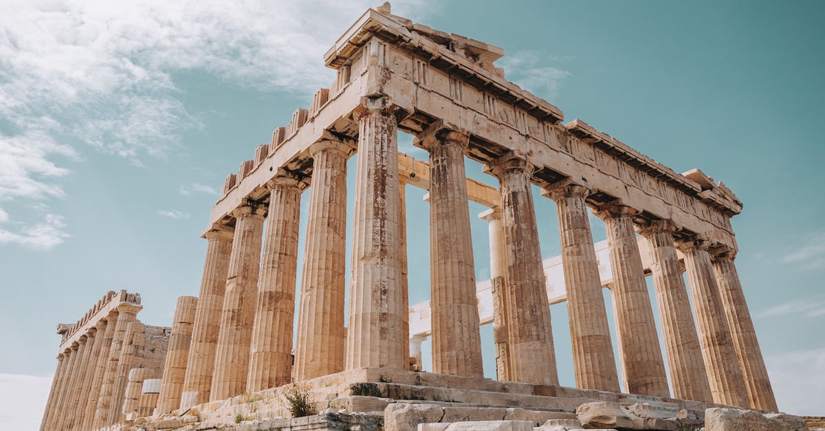 From Myanmar or India to Europe overland - From below of Parthenon monument of ancient architecture and ancient Greek temple located on Athenian Acropolis