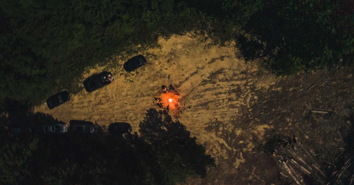 Getting 3rd party car insurance for Iran from Pakistan - Drone view of group of friends chilling in campground around fire surrounded by forest at night