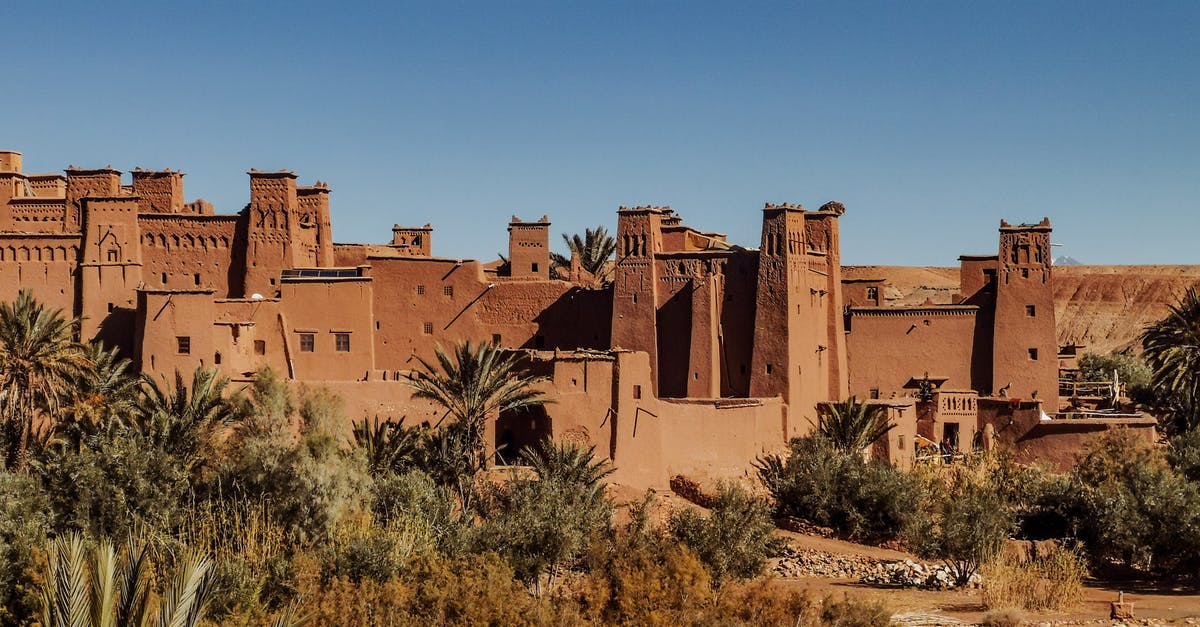 Guinea Bissau national transiting in Morocco - Exterior of old masonry buildings with square shaped windows near dry sandy terrain with growing palm trees and grass under blue sky