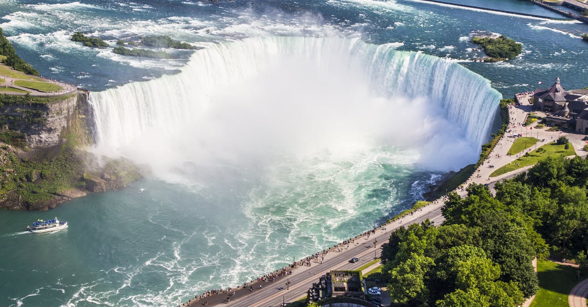 H1B Visa holder travel to Niagara Passing through Canada Via Road - Waterfalls Near Gray Paved Road Surrounded by Green Leaf Trees during Daytime