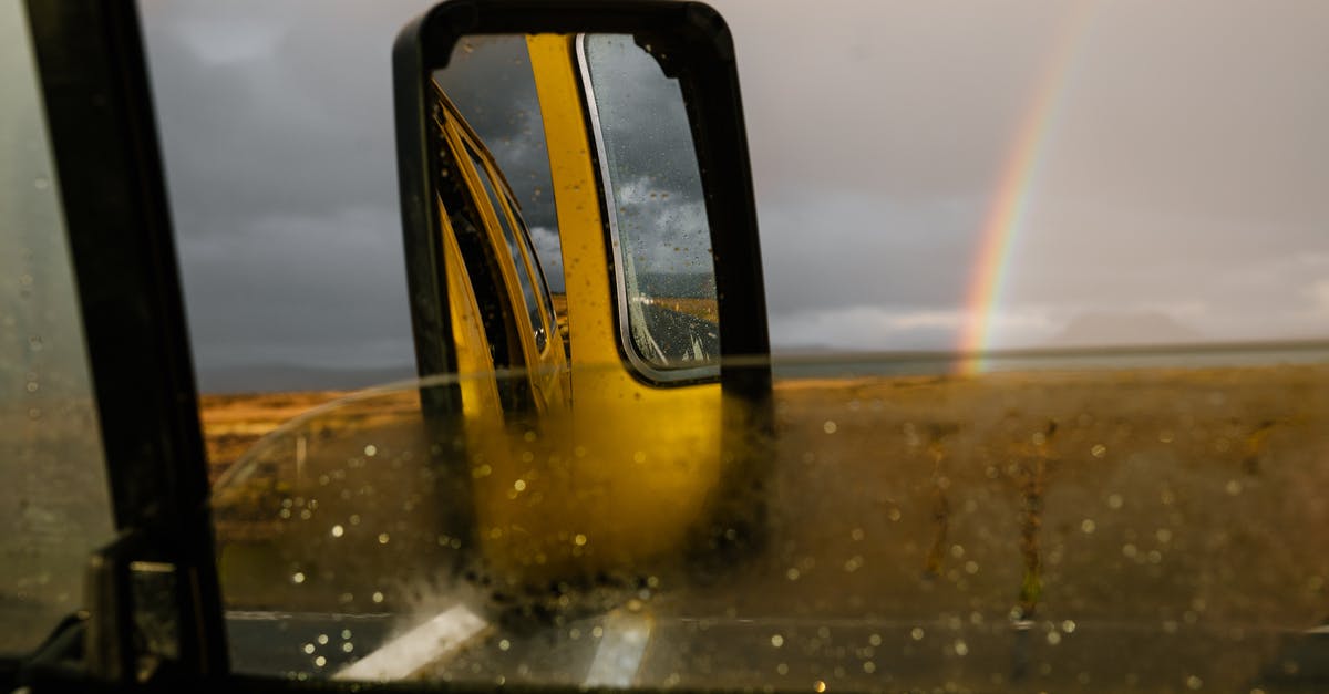 Hard-case suitcase, that doesn't open at the side - Yellow car with open door reflecting on side mirror and small drops on window with field and colorful rainbow under cloudy sky in autumn