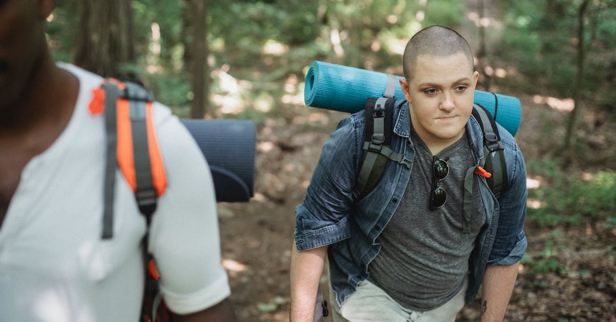 Hiking near Barcelona - or alternative hiking cities close-by? - Diverse androgynous male backpackers trekking in lush forest