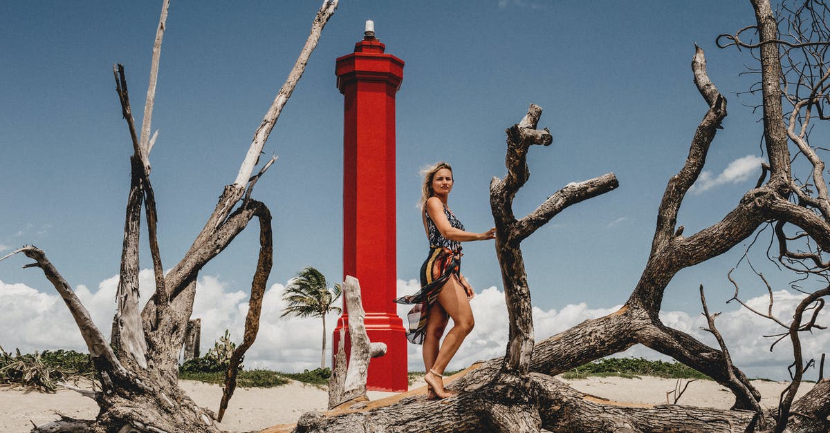 Holidays in Brazil without Portuguese - Woman on heavy dry wood on sandy coast with lighthouse