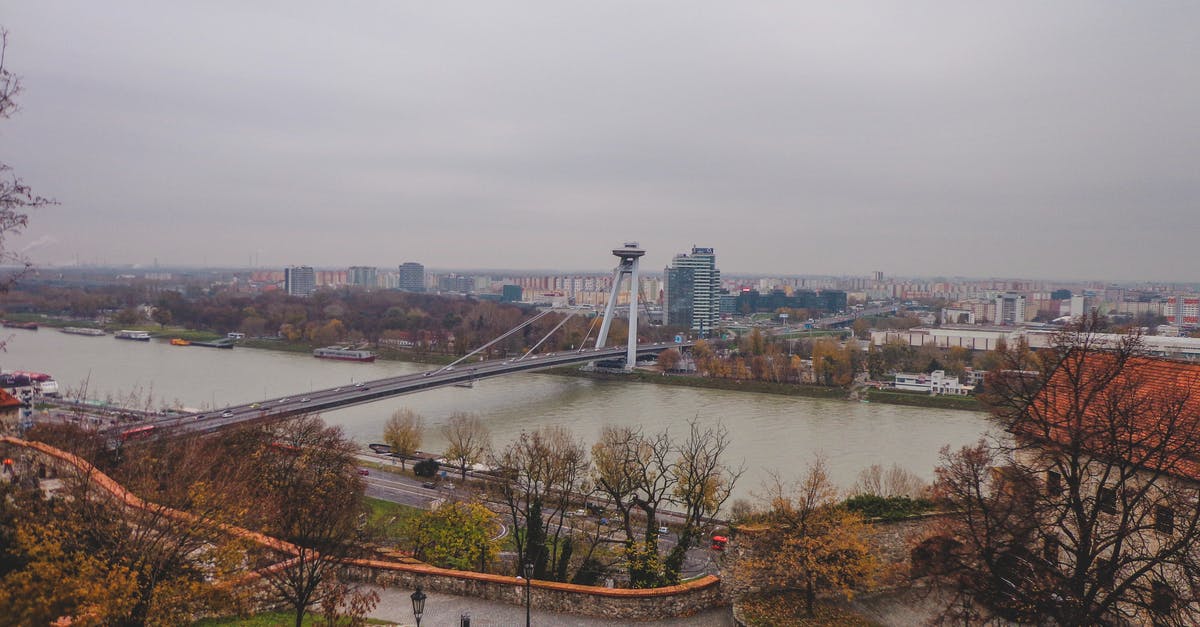 Hostels in Bratislava - Aerial Photography of a Bridge over a River in a Modern City