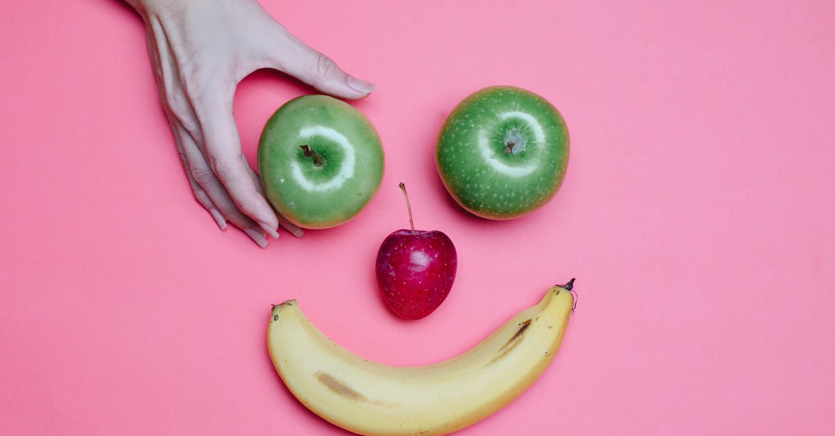 How are different meal ratios calculated for flights? [closed] - Top view of crop anonymous female making smiling face out of apples and banana on pink background