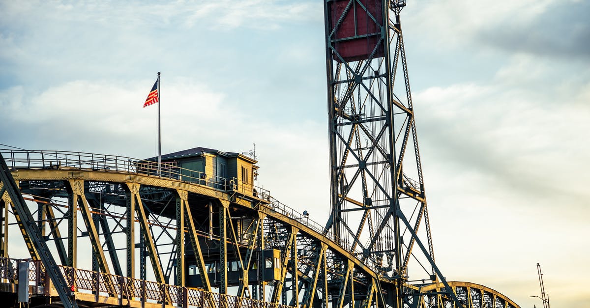 How can a ban from entering the US be lifted? - Low angle of metal Hawthorne Bridge with vertical lift and waving US flag against cloudy sunset sky in Portland