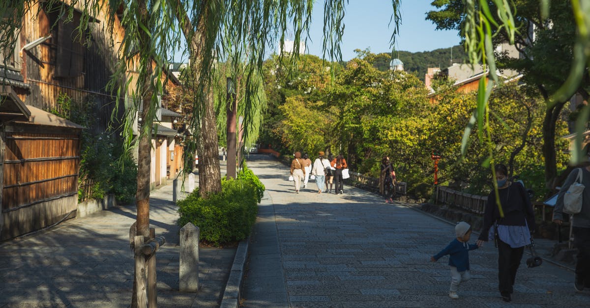 How can a tourist obtain an 'authentic' duelling scar? - Anonymous people strolling in old city district near wooden houses and green trees