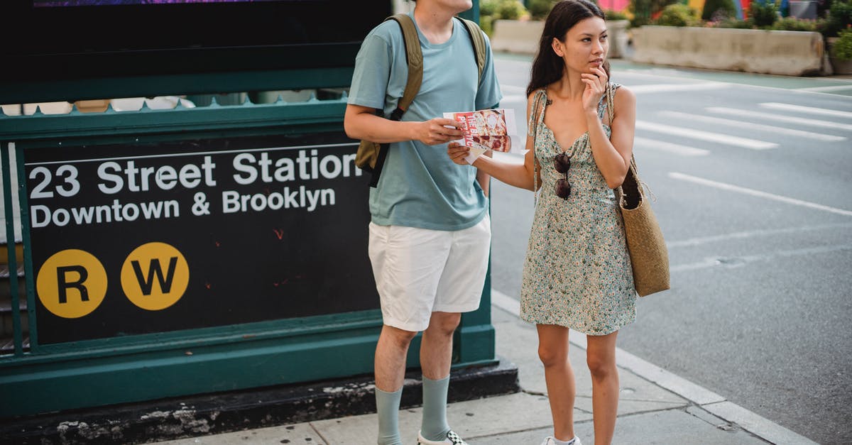 How can I find free camping locations in Iran - Full body of diverse couple standing with map while trying to find direction in city center during trip