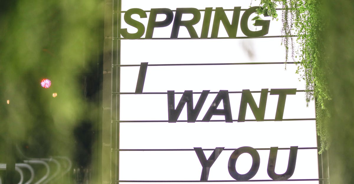 How can I find out if I'm wanted in Turkey? - Sign glowing in white light consisting of several compartments with black inscription Spring I Want You surrounded by blurred green plants in evening on street