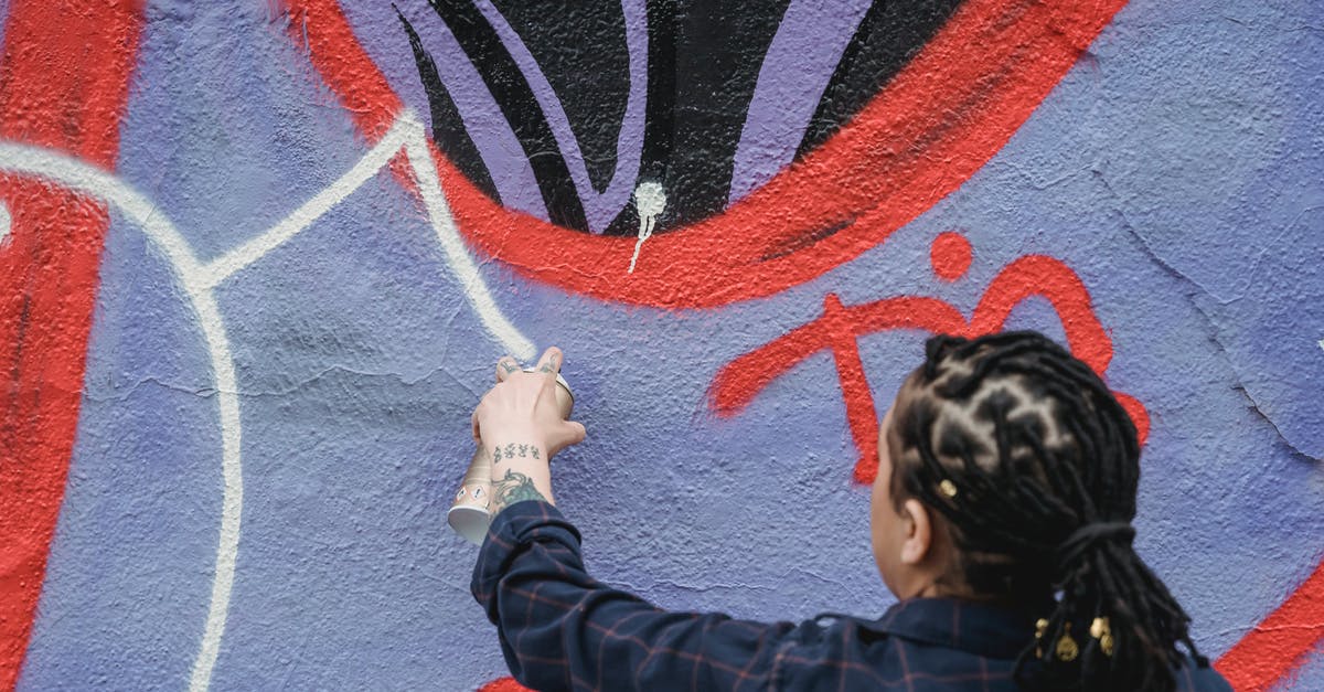 How can I get my taxes back while exiting Schengen? - Back view of unrecognizable female artist with black braided hair spraying white paint on colorful wall while standing on street