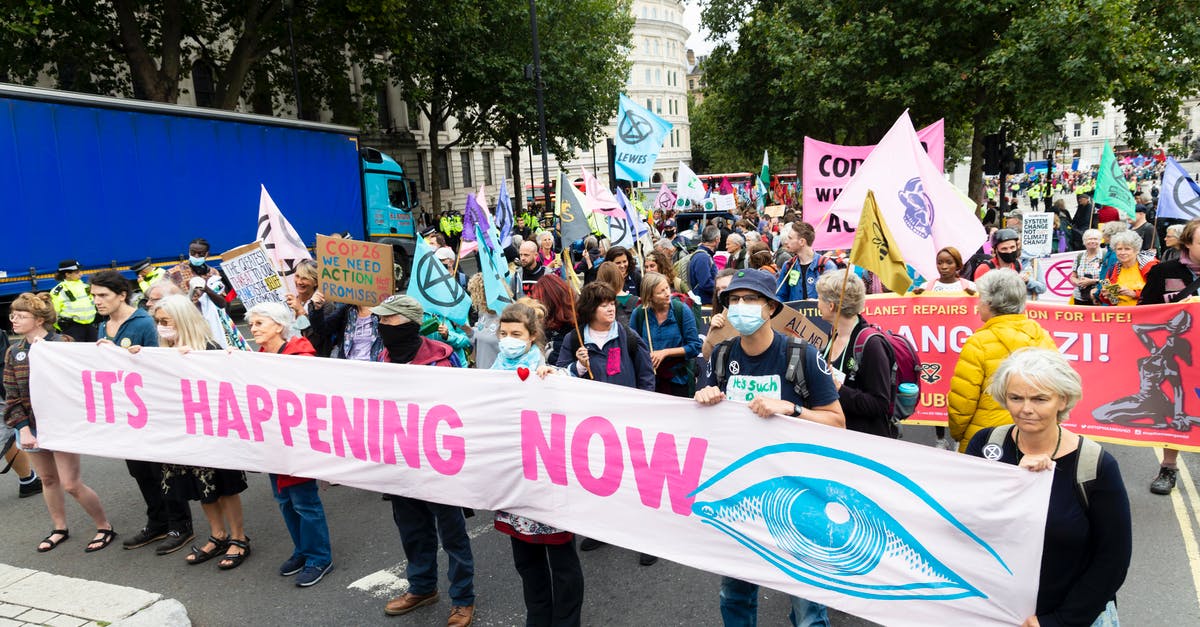 How can I participate in group travel? - Demonstration of people wearing masks with placards and banners