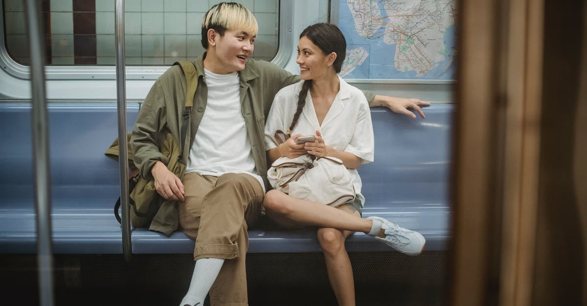 How close can one get to Eldborg with public transportation? - Happy young ethnic couple sitting in train and talking How close can one get to Eldborg with public transportation? - Happy young ethnic couple sitting in train and talking