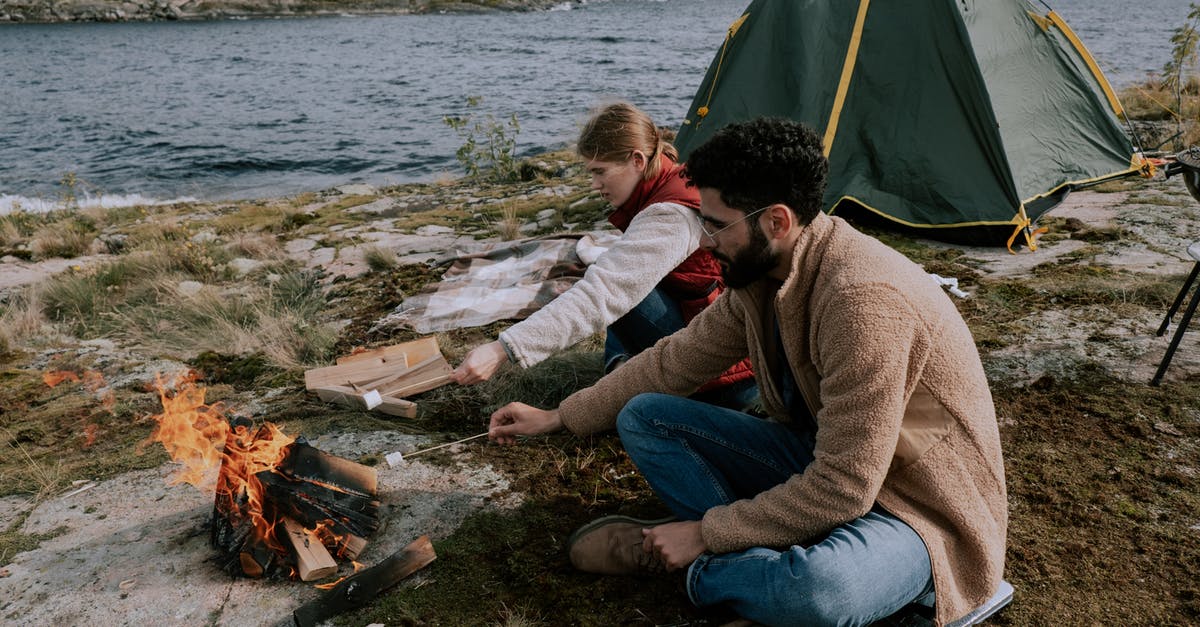 How do I find a campsite that allows campfires in Iceland? - Couple Sitting on Ground Beside Bonfire with Marshmallows