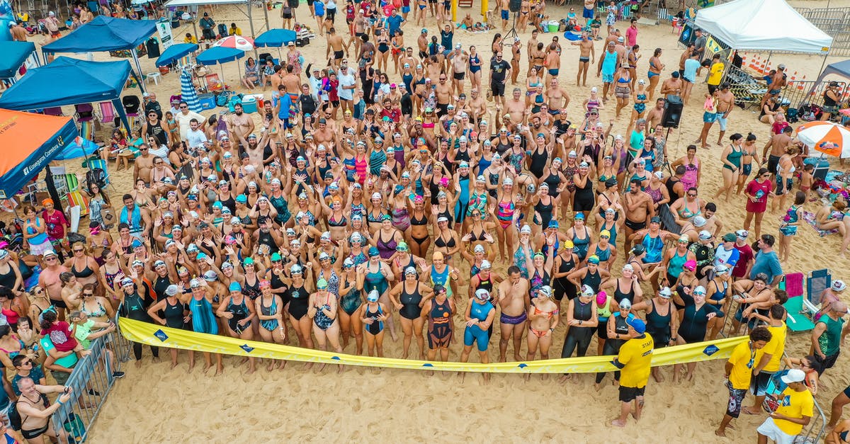 How do you prepare for crossing Borneo from coast to coast on foot? - Drone view of crowded beach with people dressed in swimsuits standing behind tape ready for swim competition How do you prepare for crossing Borneo from coast to coast on foot? - Drone view of crowded beach with people dressed in swimsuits standing behind tape ready for swim competition