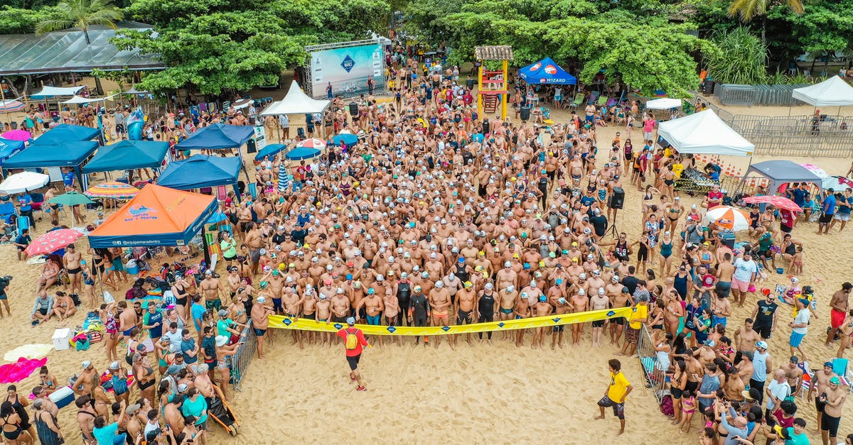 How do you prepare for crossing Borneo from coast to coast on foot? - Drone view of crowd of people in swimsuits standing behind line tape on sandy beach beginning race How do you prepare for crossing Borneo from coast to coast on foot? - Drone view of crowd of people in swimsuits standing behind line tape on sandy beach beginning race
