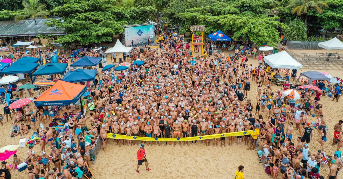 How do you prepare for crossing Borneo from coast to coast on foot? - Drone view of sportive people in swimsuits standing behind line tape on seashore preparing for swim challenge in sea How do you prepare for crossing Borneo from coast to coast on foot? - Drone view of sportive people in swimsuits standing behind line tape on seashore preparing for swim challenge in sea