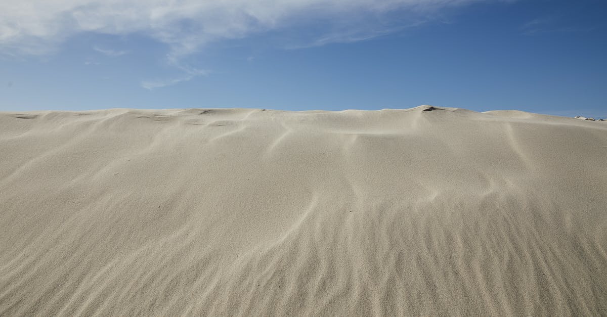 How much wind is too much wind on a sandy beach? - Sandy dunes in empty desert in windy hot weather under bright blue sky with fluffy clouds