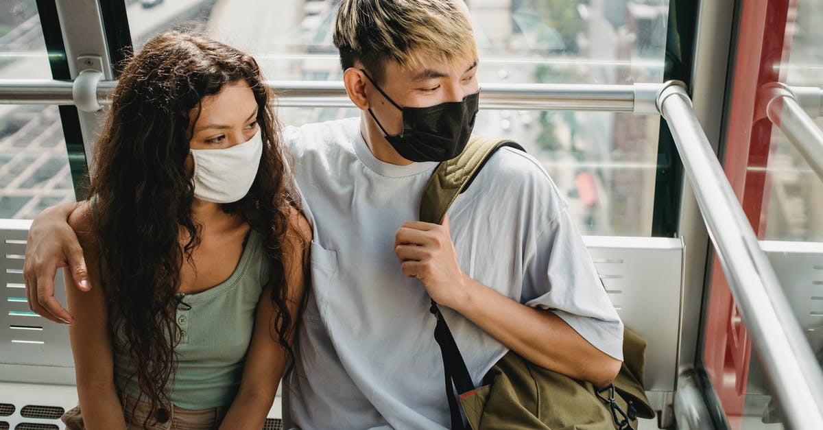 How safe are ferries within and travelling from Korea? - High angle of multiethnic couple wearing protective masks riding on ropeway while exploring city together