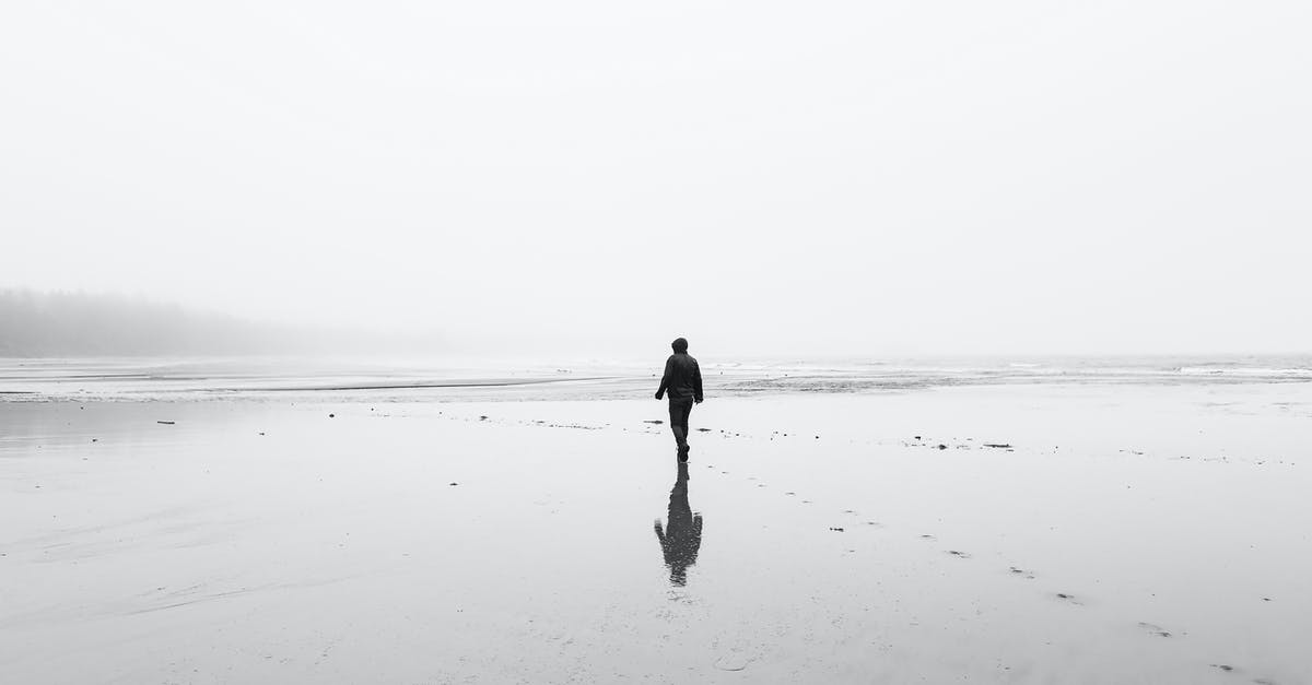 How to Minimize Sweating in Unusually Hot and Humid Weather? - Monochrome back view of full body unrecognizable person in autumn clothes walking on lonely wet sandy coast in overcast day