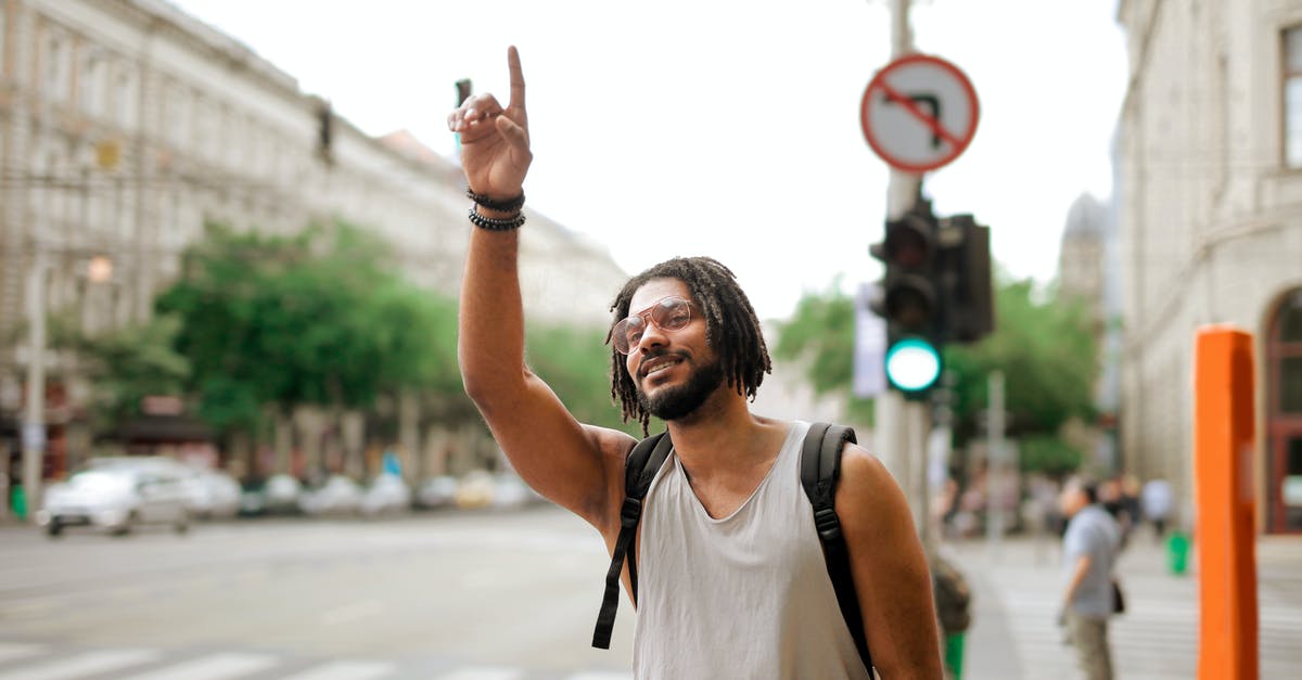 How to plan a road trip with stops on specific dates - Happy ethnic man with backpack hailing taxi on street