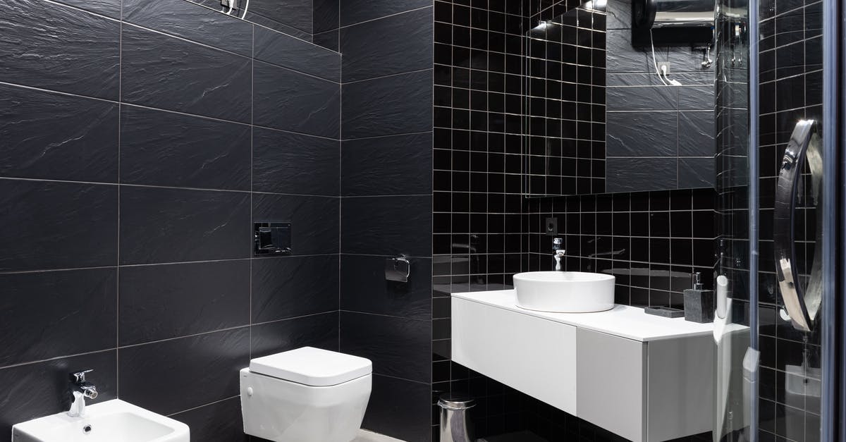 How to use a 2 part bathroom where the urinal and toilet are separate? - Interior design of modern bathroom with sink and bidet with mirror and decorated with black tile
