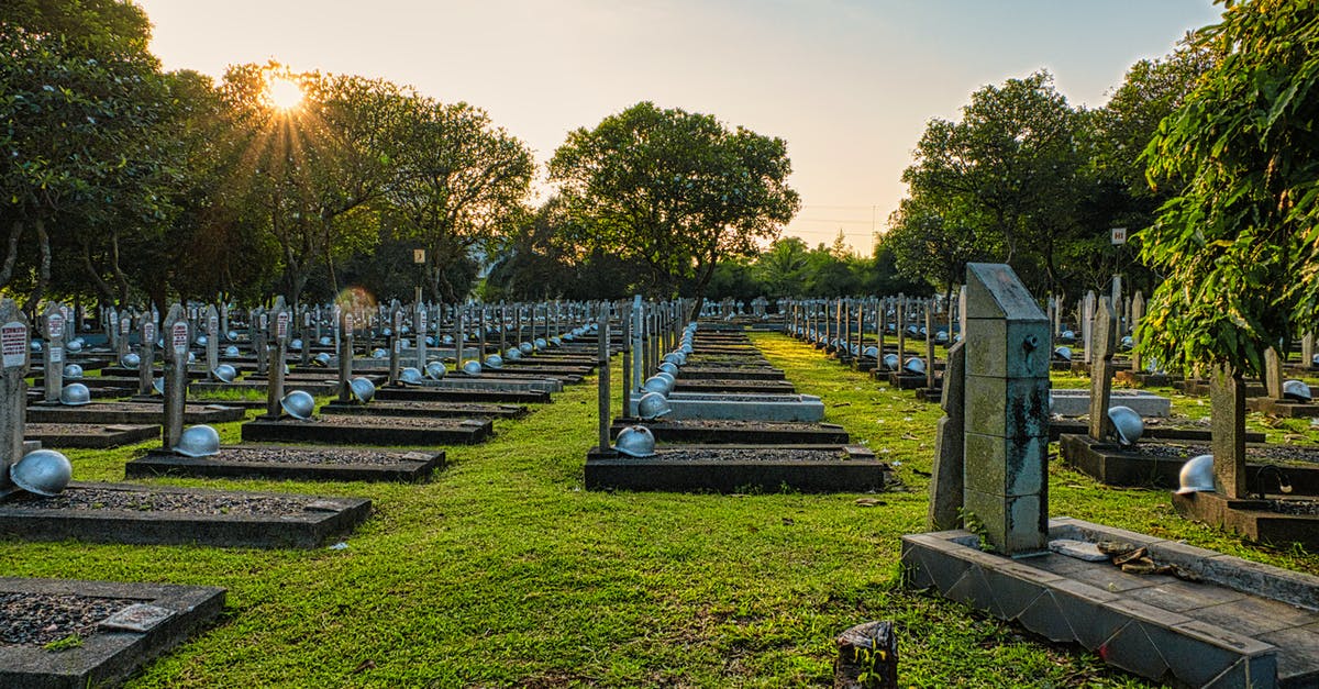 Identify location of old paintings - WWII soldier - National main heroes cemetery with abundance of tombstones with military hardhats located in national cemetery with green trees in Kalibata