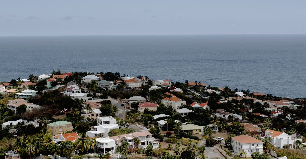 Identify waterside building / skyline - Drone view of coastal town with houses and green plants located near calm ocean against cloudless sky in coastal area