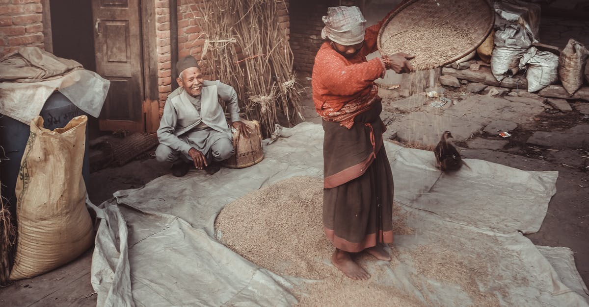 Indian eVisa Process - Anonymous barefoot Hindu female pouring rice from sieve on textile near content senior male in daytime