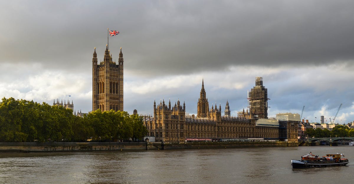 Indian National travelling to Dublin with a UK Visa - Exterior of Houses of Parliament with flag of England in front of Thames in cloudy day