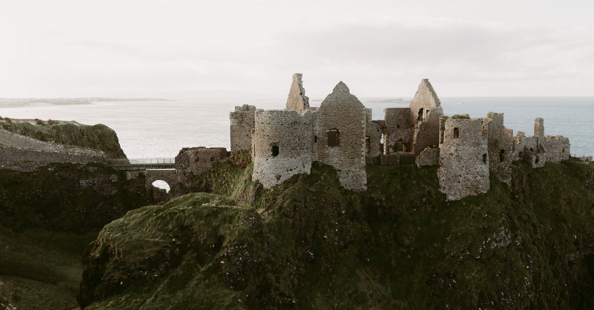 Ireland castle hotel options - old medieval ruins of Dunluce Castle on ocean coast in northern Ireland famous place in uk