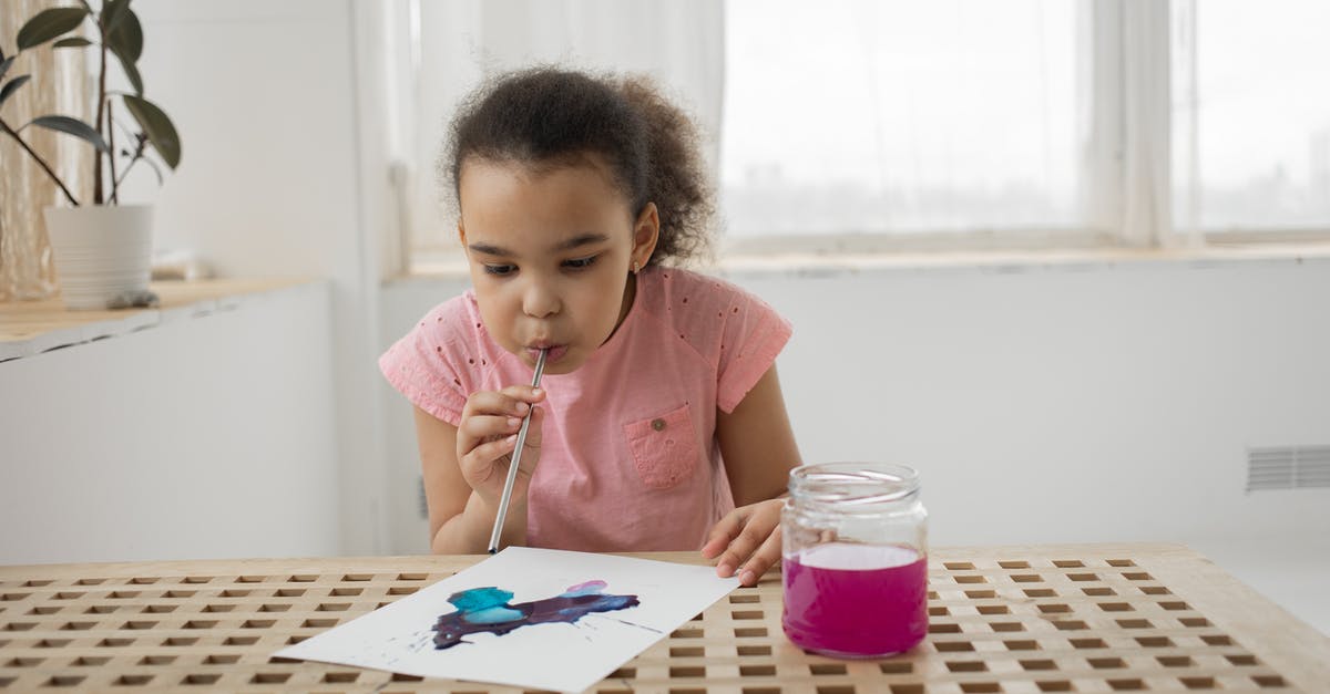 Is a jar of mustard a liquid in American flight? - Adorable talented African American kid with dark curly hair blowing watercolor paints on white paper with straw while creating abstract artwork in light room