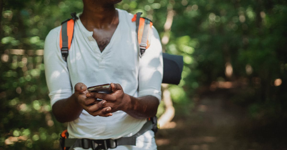 Is hiking up Ben Nevis doable with a fear of heights? - Crop unrecognizable African American man with backpack and smartphone searching route while going astray in green forest