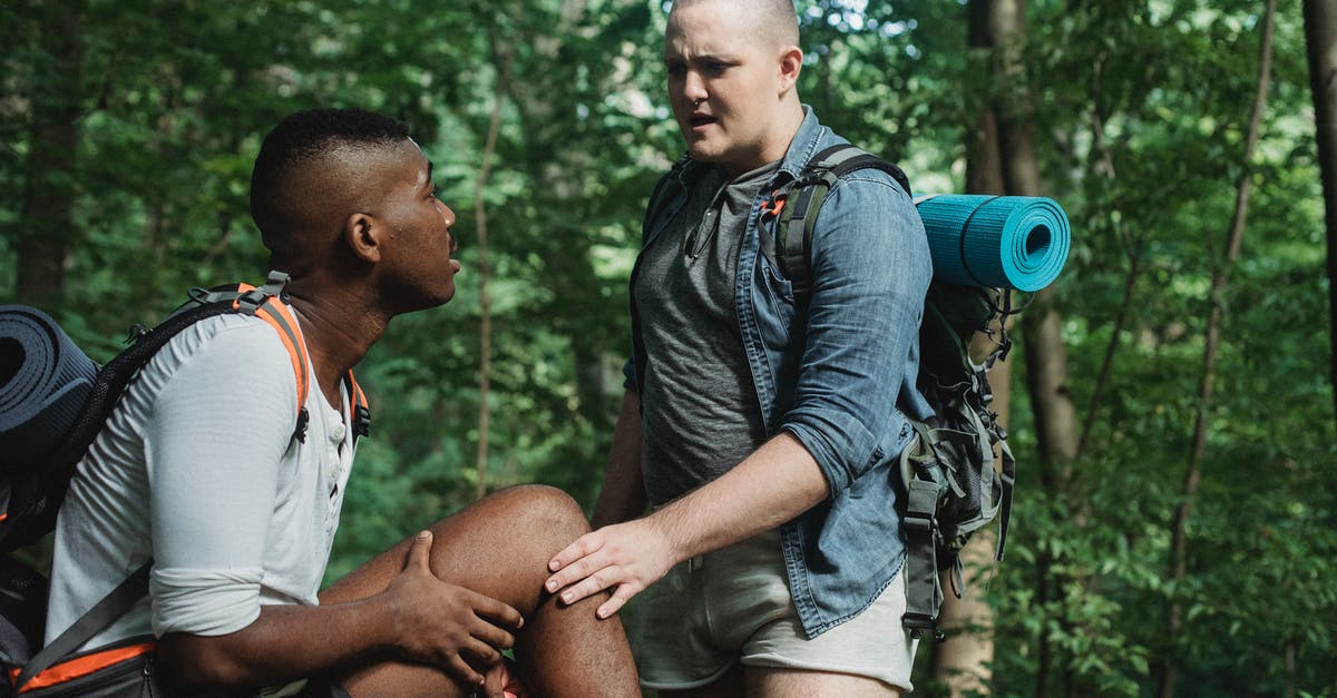 Is it a problem to go through immigration 3 times in 2 weeks, for really short periods? - Male adventurer in denim coat and shorts touching leg of black friend and frowning in lush forest in daytime