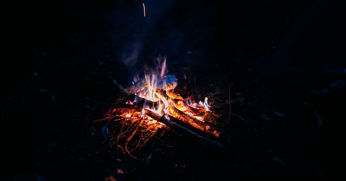 Is it dangerous to camp in western Ukraine? - High angle of campfire burning on ground in forest with bright orange flames and smoke at night