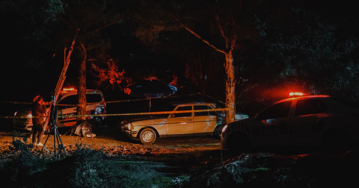 Is it illegal to watch violent films on an airplane? - Investigators from police working on crime scene fenced with caution tape in woods at night