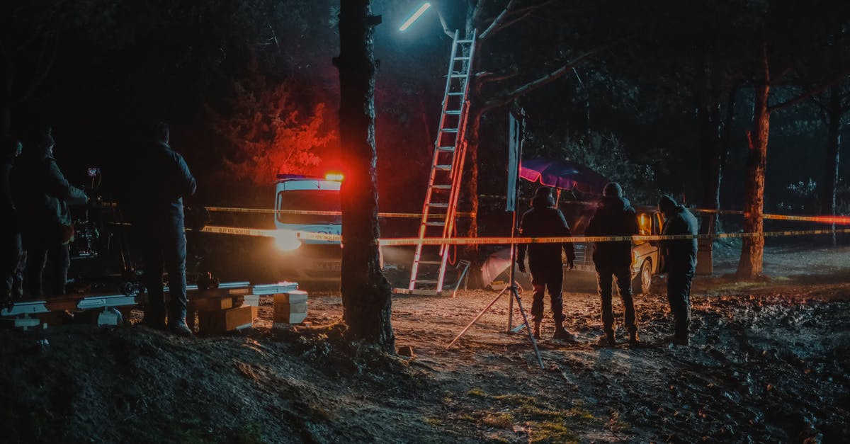 Is it illegal to watch violent films on an airplane? - Group of colleagues investigating crime scene fenced with tape among trees at dark night