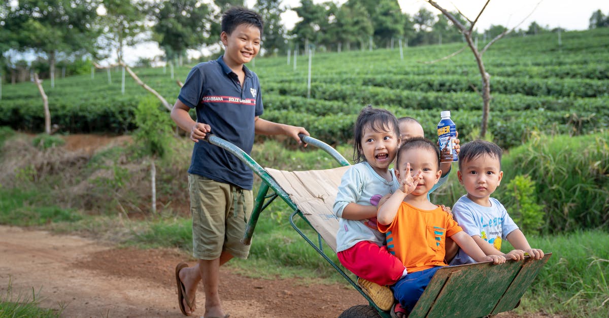 Is it legal to have 2 flights in the air at the same time with the same flight #? - Funny Asian toddlers having fun while brother riding metal wheelbarrow on rural road in green agricultural plantation