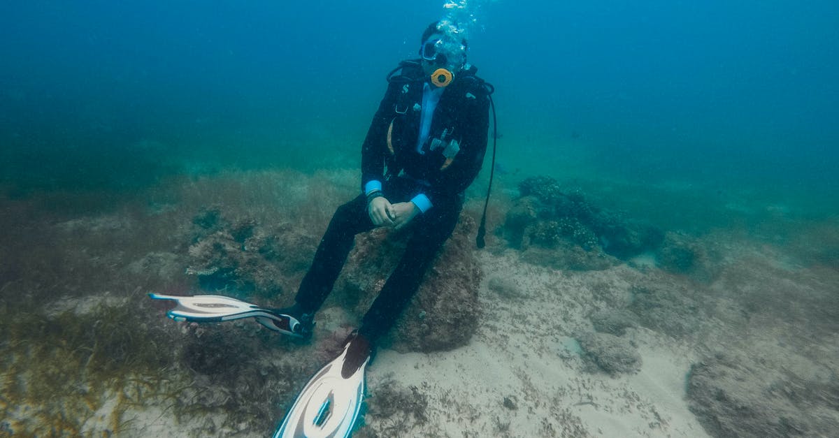 Is it possible to manually release an oxygen mask on airplanes? - Fit anonymous frogman in diving dress and flippers sitting on stone with hands together under ocean water with sand and seaweed on bottom and bubbles above oxygen mask