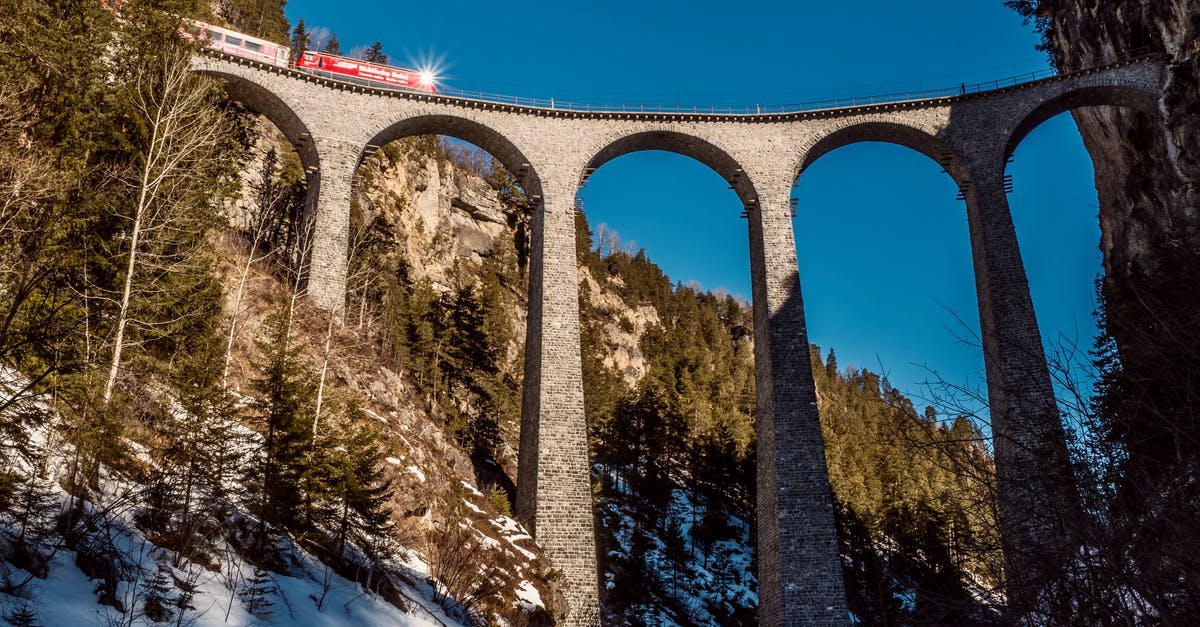 Is it safe to drive from Prague to Salzburg during winter? - From below of train driving on arched bridge between mountains with coniferous trees under blue sky in wintertime
