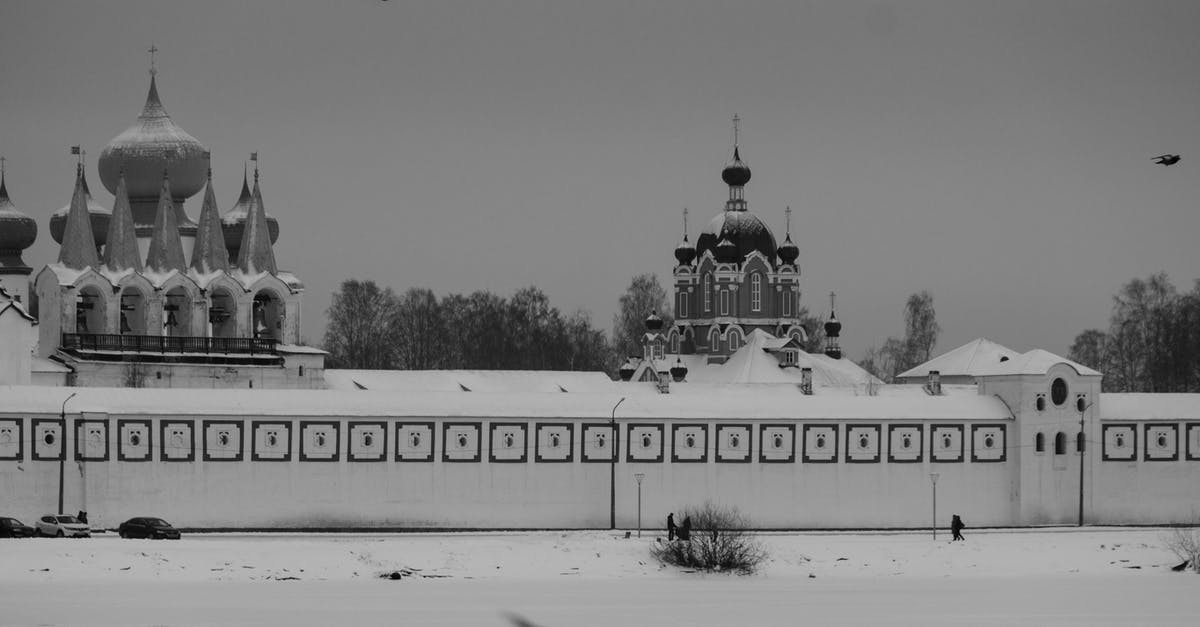 Is it snowing in Moscow in January/February 2020? - Grayscale Photo of a Building