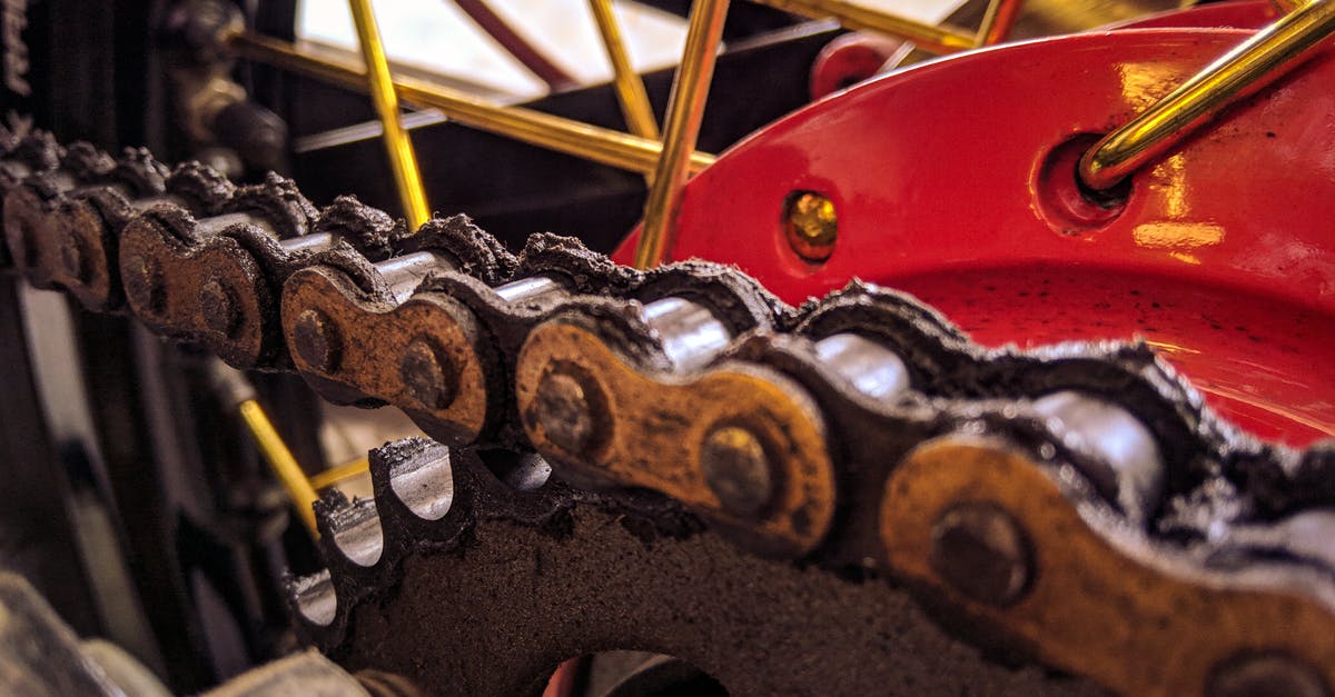 Is the Polish railway system very fragmented? - Closeup of bicycle transmission system with metal chain on hydraulic disk brake on wheel