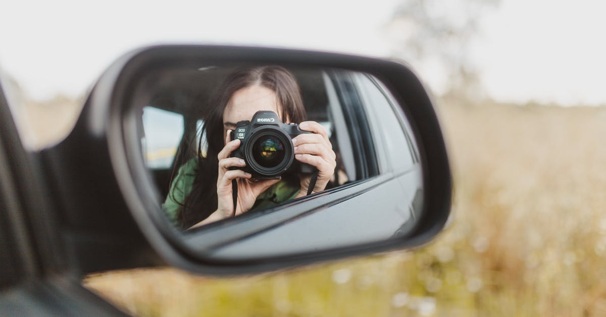 Is there a way to download biometric picture? - Reflection in car wing mirror of unrecognizable female traveler taking photo of rural field on camera during road trip in countryside